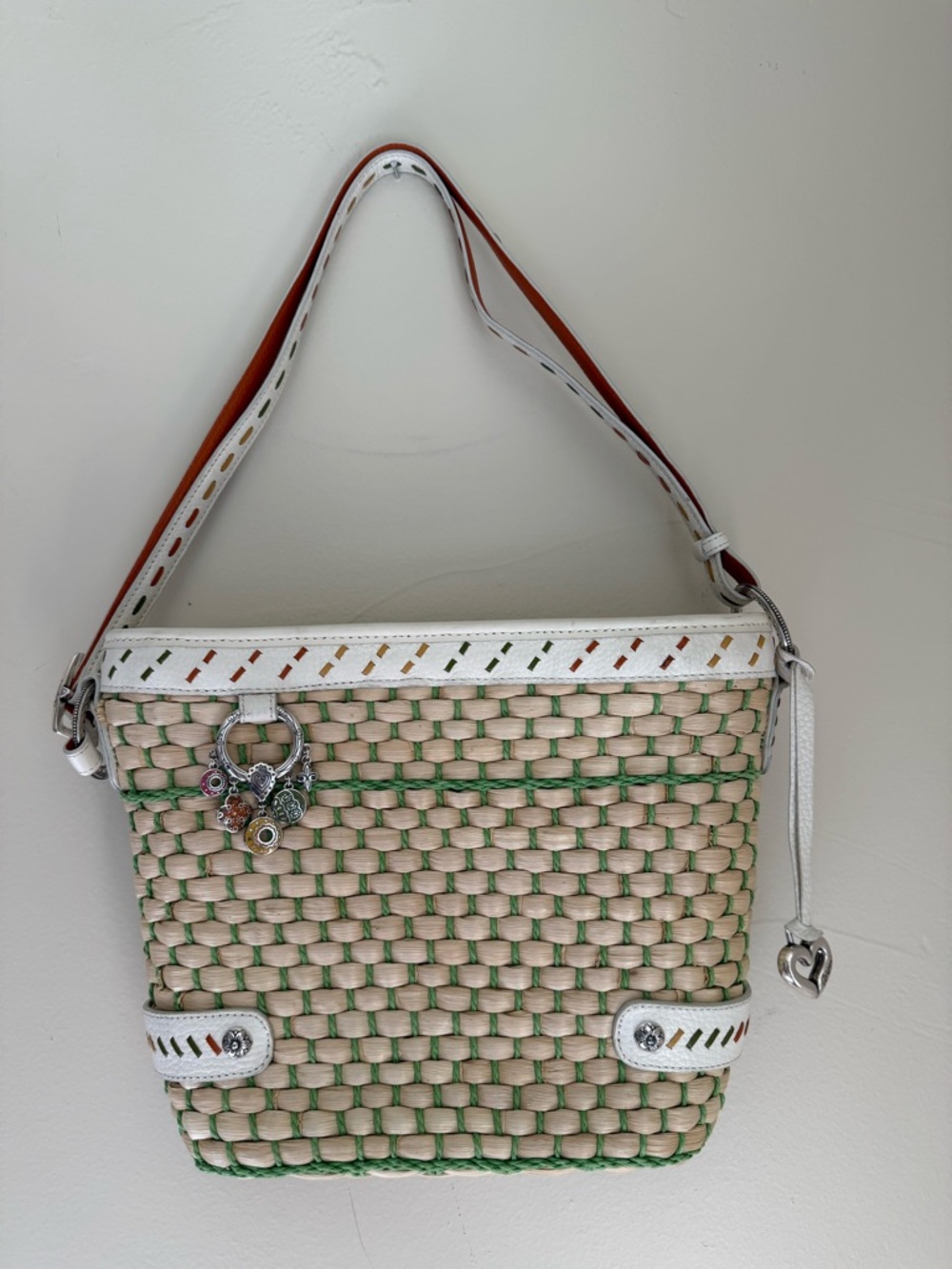 Brighton Woven Straw Shoulder Bag with White Trim and Green Accents